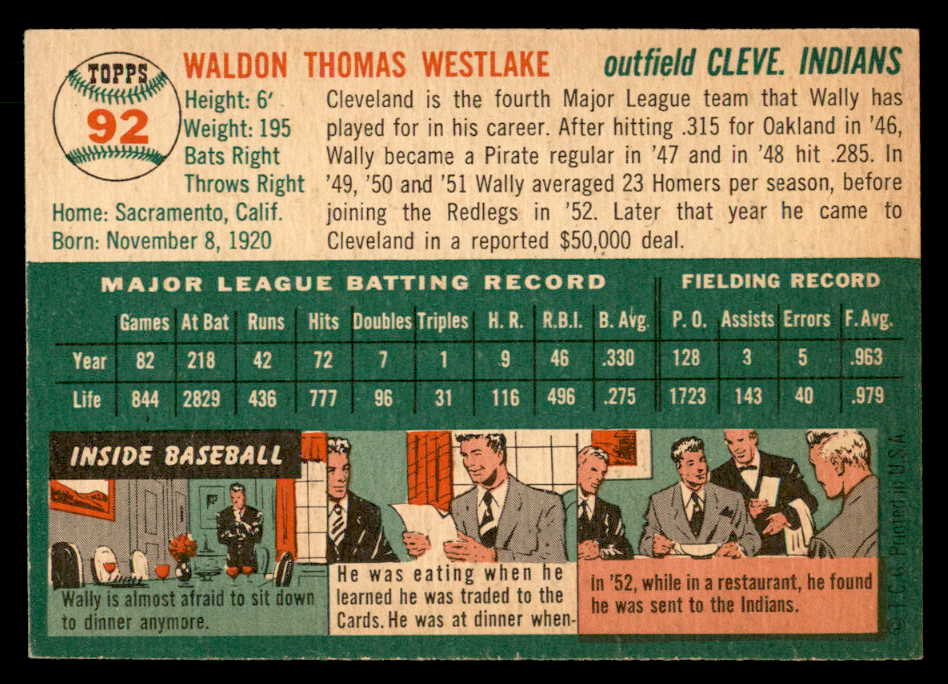 1954 Topps Baseball #092 Wally Westlake Indians EX-MT 559272