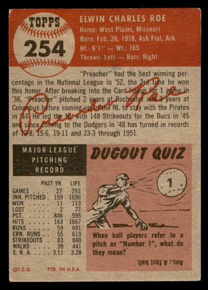 1953 Topps Baseball #254 Preacher Roe Dodgers VG-EX 559277