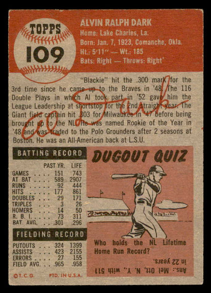 1953 Topps Baseball #109 Alvin Dark Giants EX+/EX-MT 559278