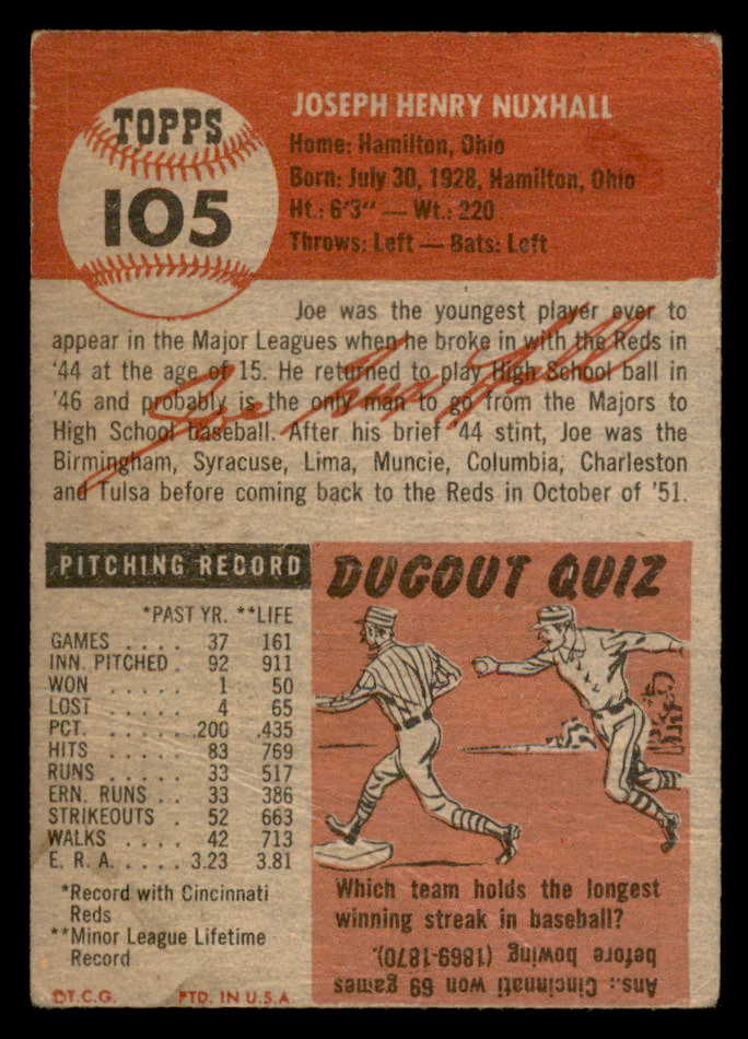 1953 Topps Baseball #105 Joe Nuxhall Reds VG-EX 559280