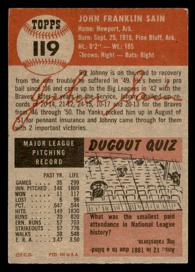1953 Topps Baseball #119 Johnny Sain Yankees EX+/EX-MT 559281