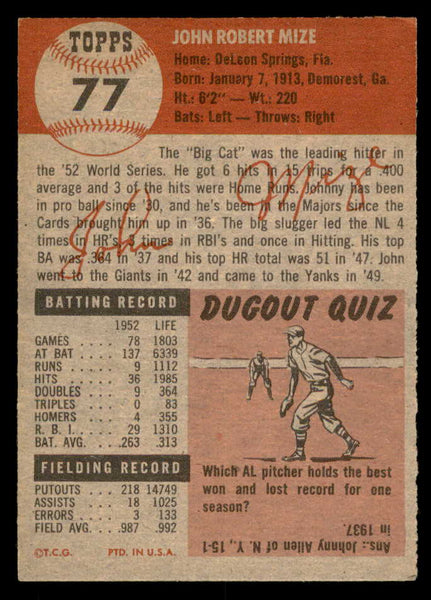 1953 Topps Baseball #077 Johnny Mize Yankees EX+/EX-MT 559283