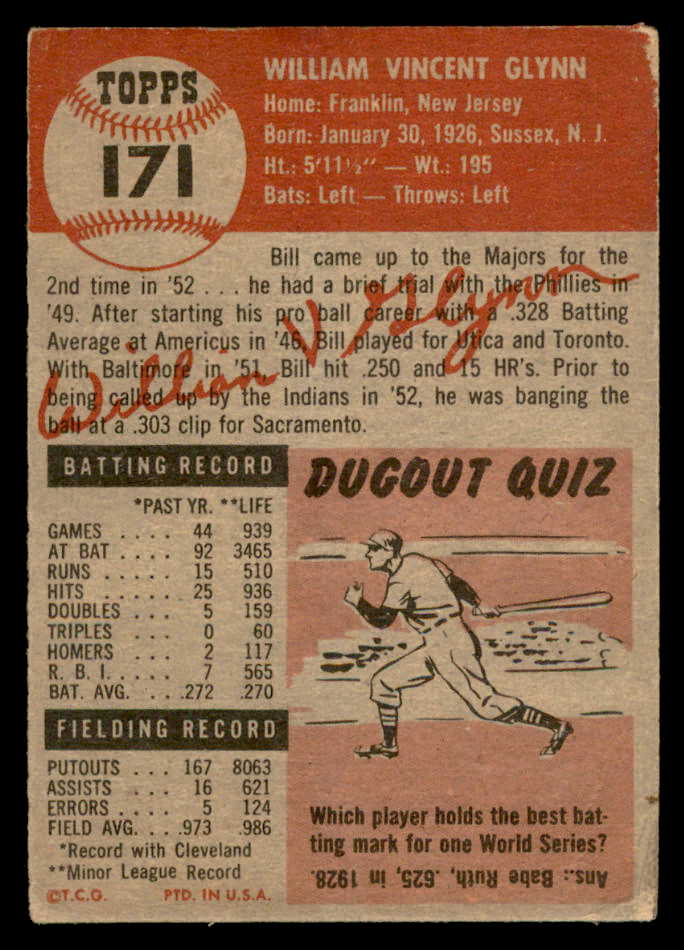 1953 Topps Baseball #171 Bill Glynn Indians VG-EX 559285