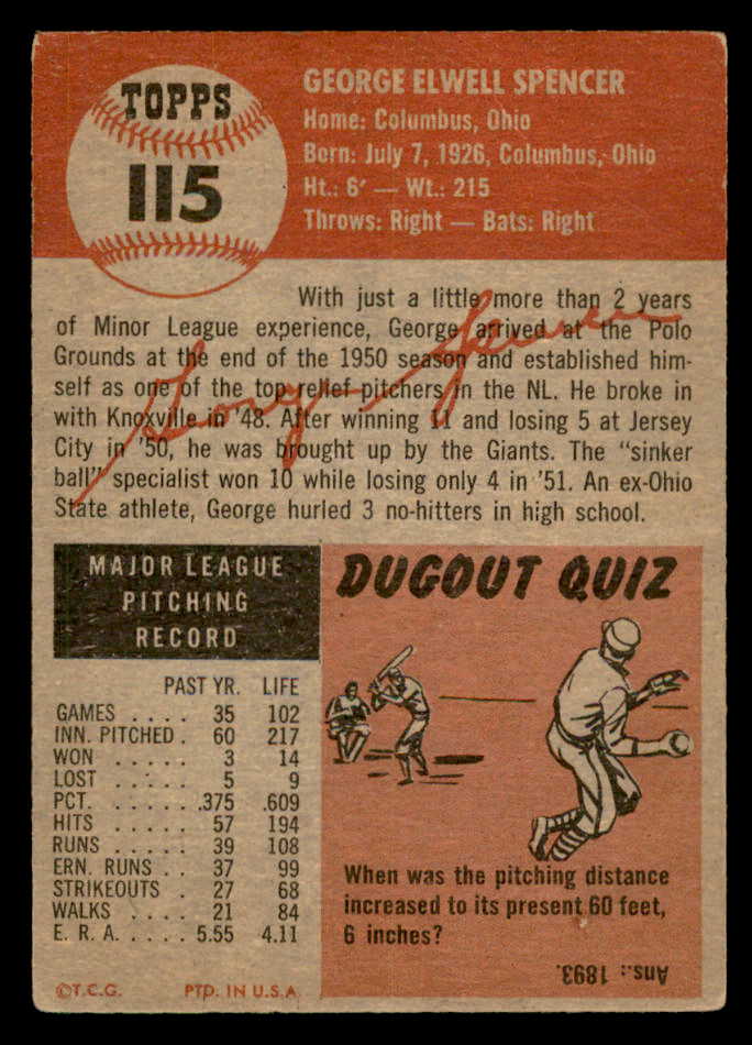 1953 Topps Baseball #115 George Spencer Giants VG-EX 559286