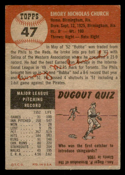 1953 Topps Baseball #047 Bubba Church Reds VG-EX 559289