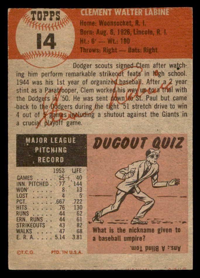 1953 Topps Baseball #014 Clem Labine Dodgers Good 559295