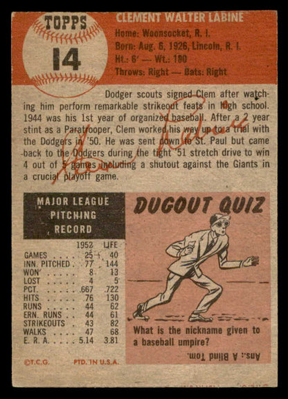 1953 Topps Baseball #014 Clem Labine Dodgers Good 559295