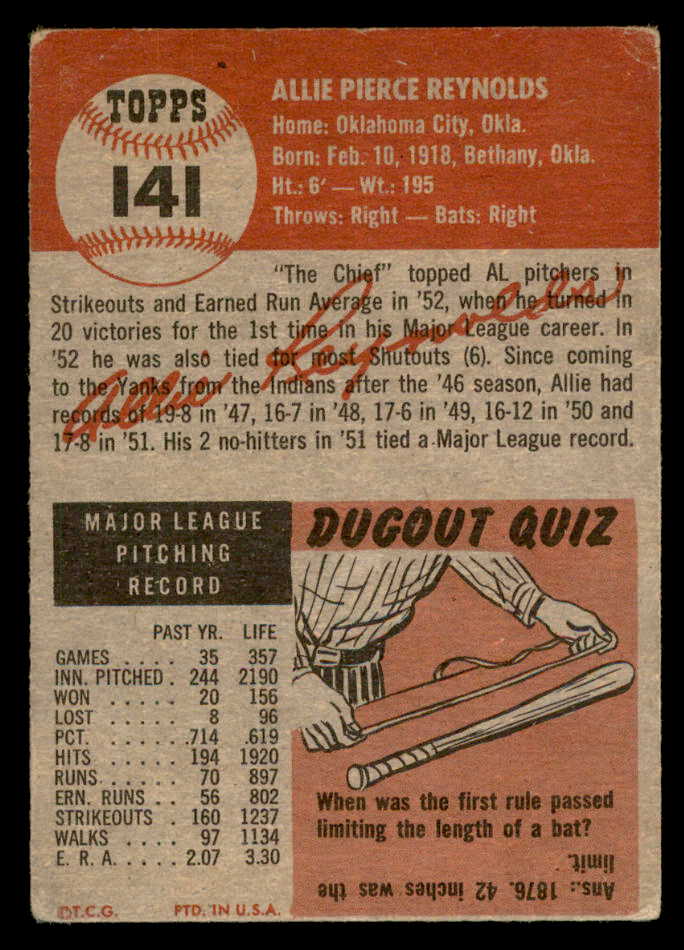 1953 Topps Baseball #141 Allie Reynolds Yankees VG 559296