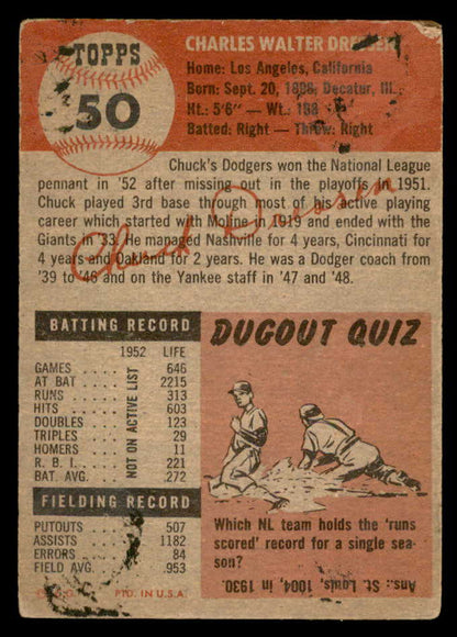 1953 Topps Baseball #050 Chuck Dressen Dodgers FR-GD 559299