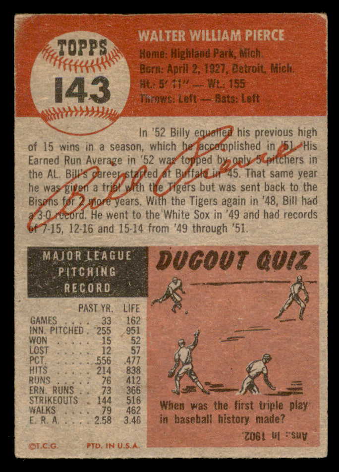 1953 Topps Baseball #143 Billy Pierce White Sox VG 559300