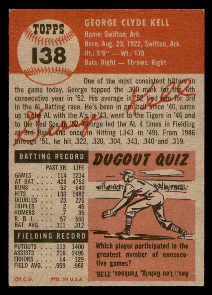 1953 Topps Baseball #138 George Kell Red Sox EX+/EX-MT 559302