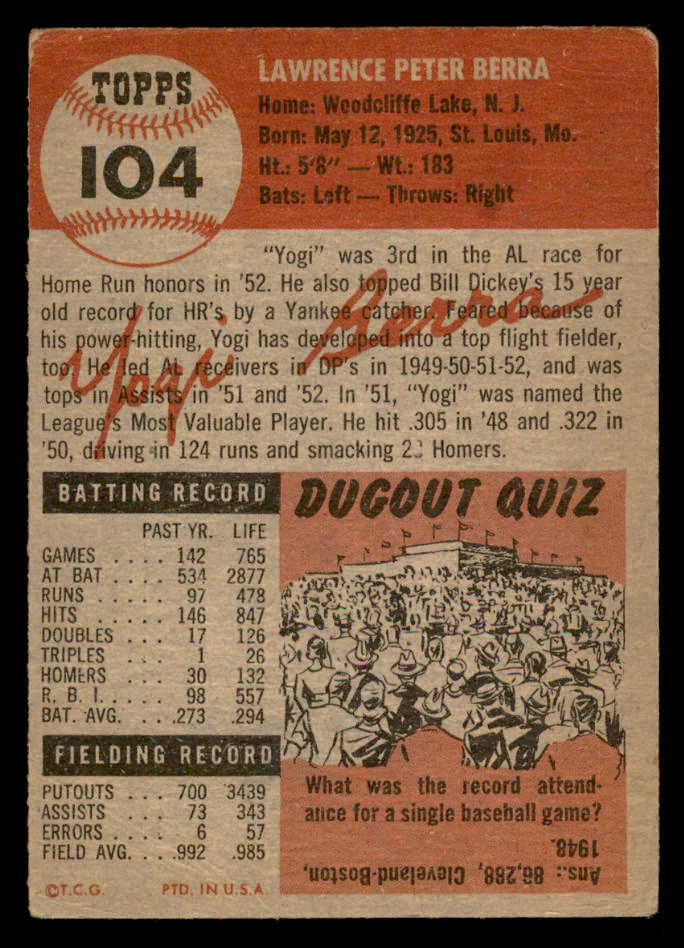 1953 Topps Baseball #104 Yogi Berra Yankees GD-VG 559303