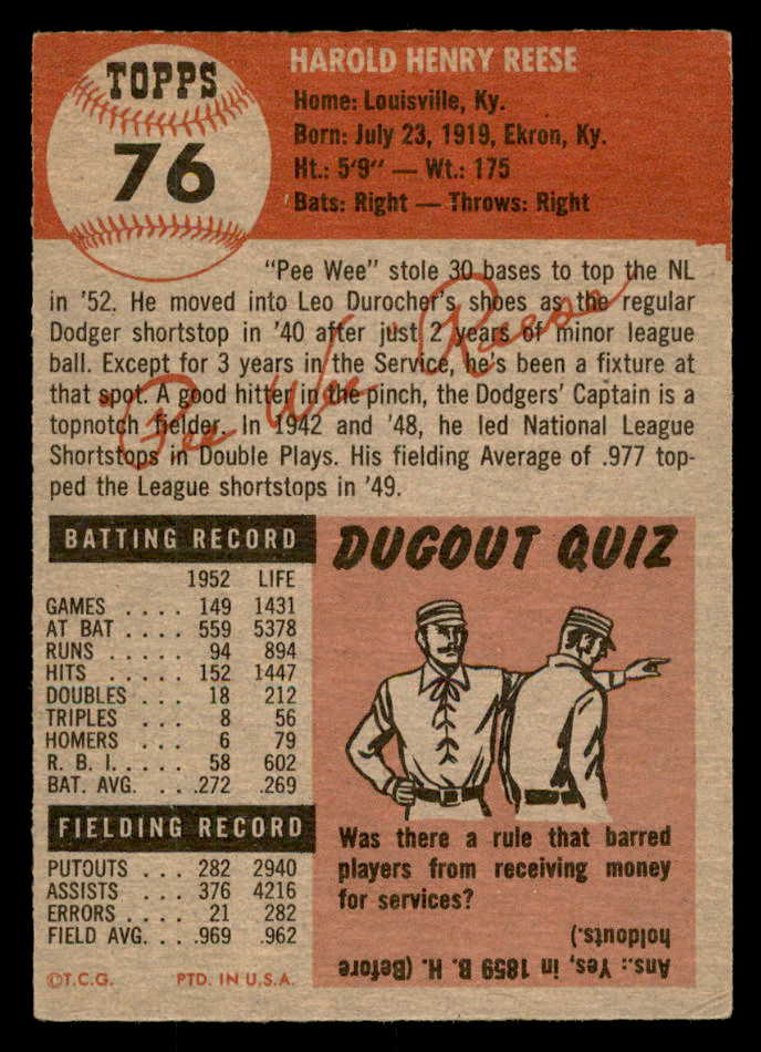 1953 Topps Baseball #076 Pee Wee Reese Dodgers VG 559304
