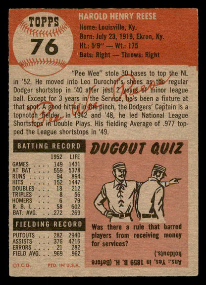 1953 Topps Baseball #076 Pee Wee Reese Dodgers VG 559304