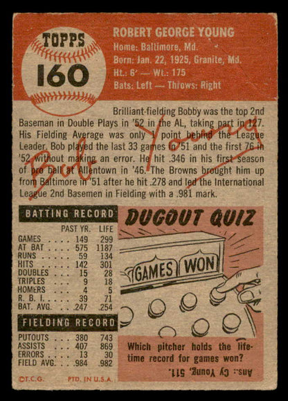 1953 Topps Baseball #160 Bob Young Browns Good 559310