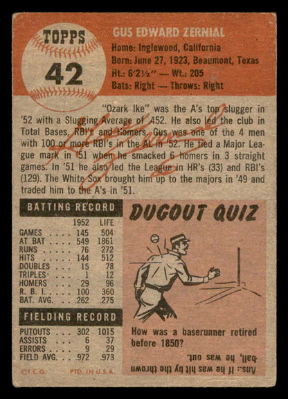 1953 Topps Baseball #042 Gus Zernial A's VG 559314