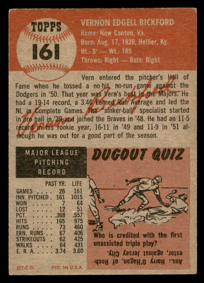 1953 Topps Baseball #161 Vern Bickford Braves EX+/EX-MT 559315
