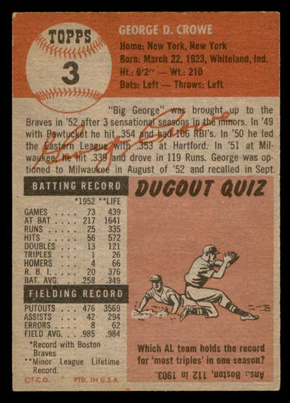 1953 Topps Baseball #003 George Crowe Braves EX-MT 559319