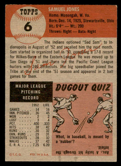 1953 Topps Baseball #006 Sam Jones Indians EX-MT 559320