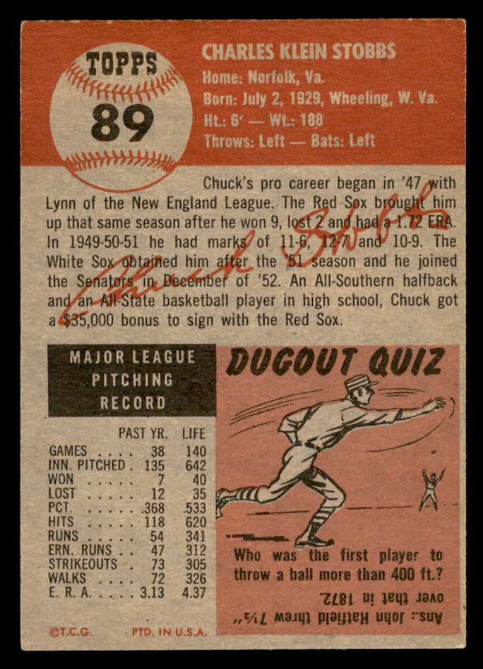 1953 Topps Baseball #089 Chuck Stobbs Senators VG-EX 559322