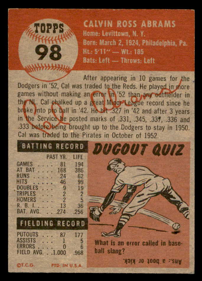 1953 Topps Baseball #098 Cal Abrams Pirates EX 559325