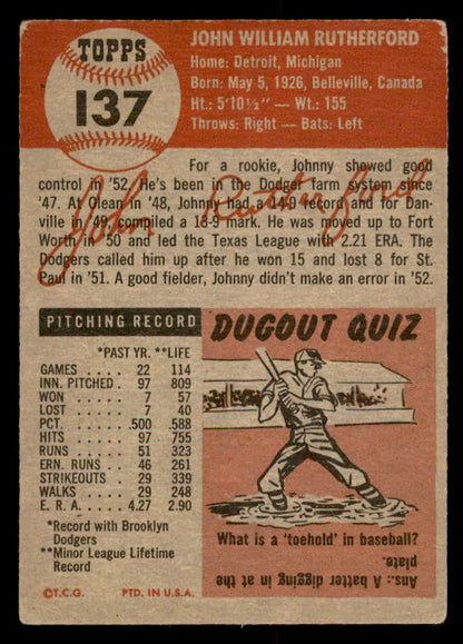 1953 Topps Baseball #137 John Rutherford Dodgers VG-EX 559327
