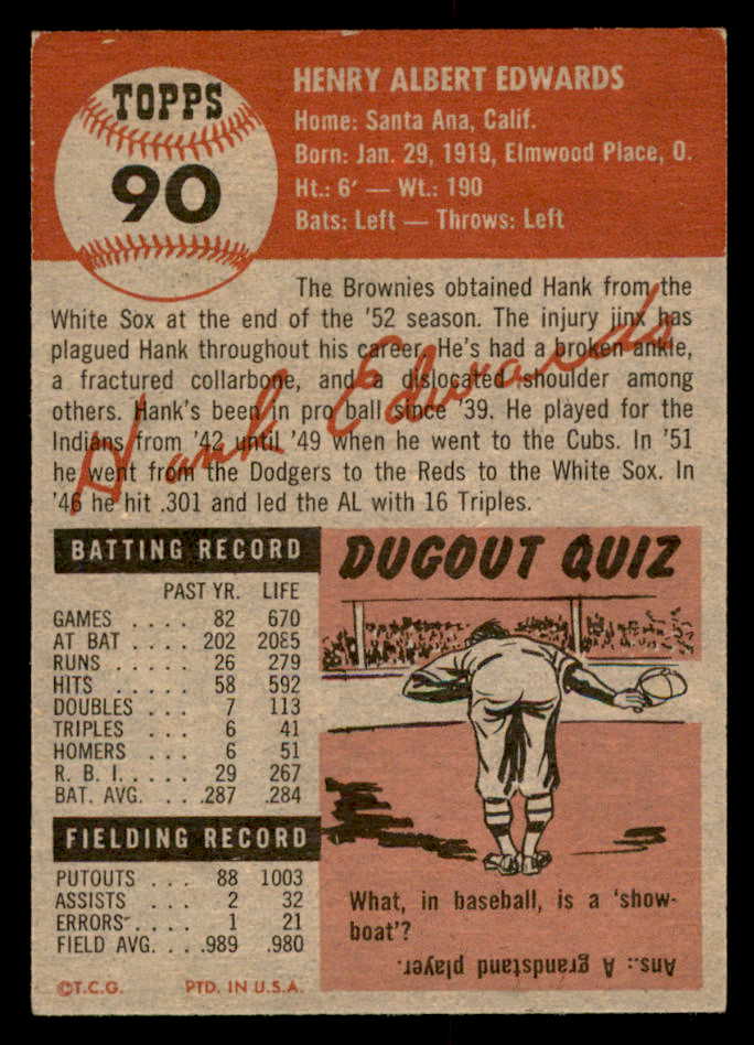 1953 Topps Baseball #090 Hank Edwards Browns EX-MT 559328