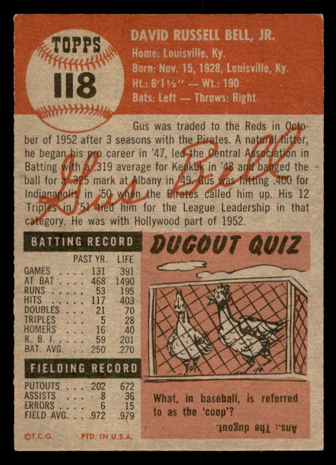 1953 Topps Baseball #118 Gus Bell Reds EX-MT 559329
