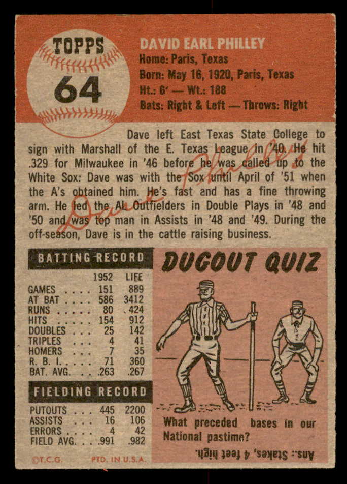 1953 Topps Baseball #064 Dave Philley A's EX-MT 559330