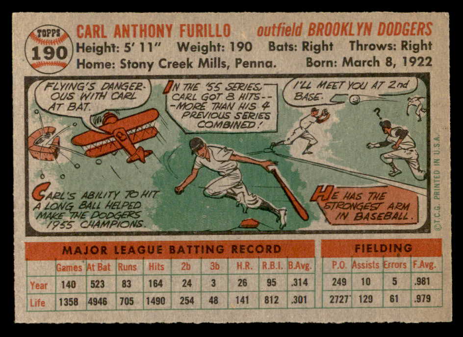 1956 Topps Baseball #190 Carl Furillo Dodgers EX-MT 559338