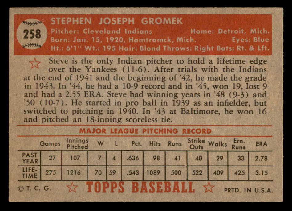 1952 Topps Baseball #258 Steve Gromek Indians EX+/EX-MT 559339