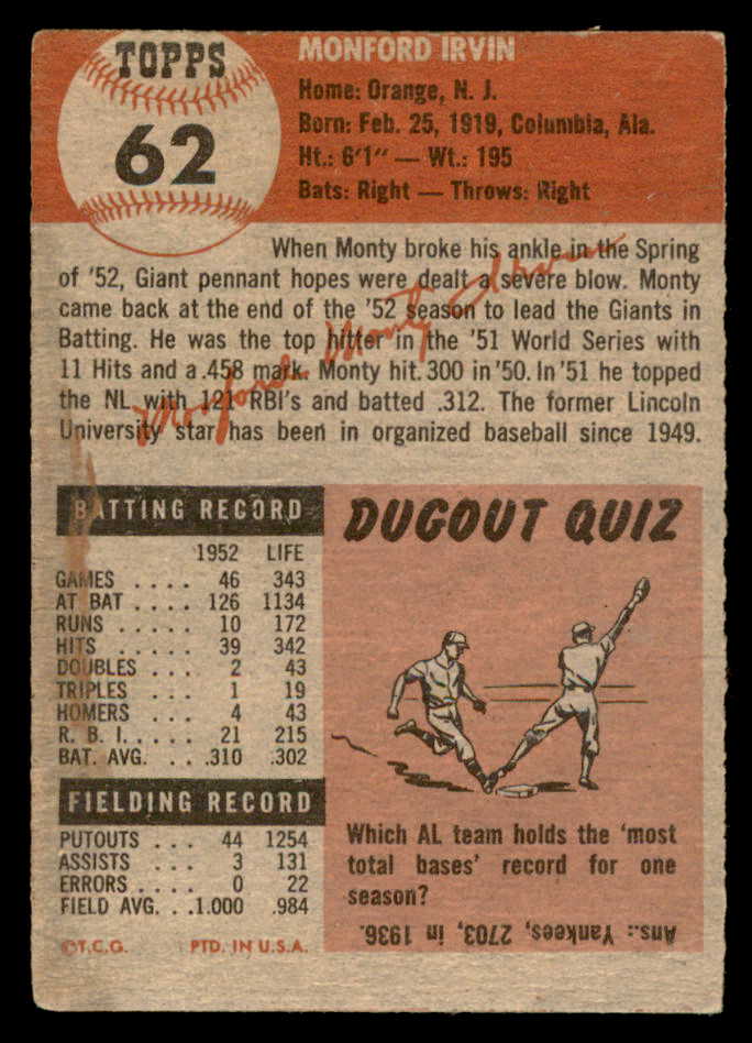 1953 Topps Baseball #062 Monte Irvin Giants VG-EX 559340