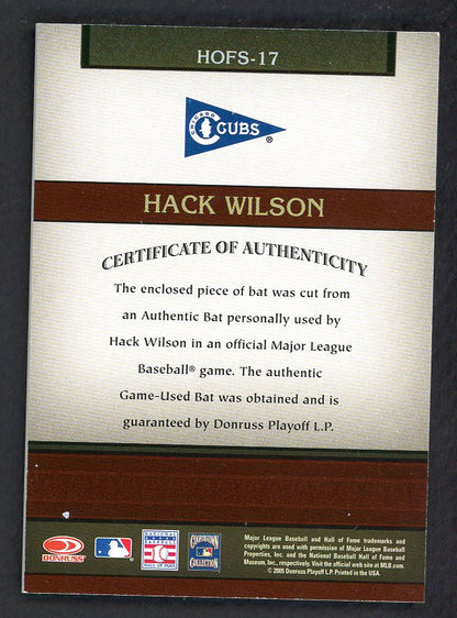 2005 Donruss Greats #HOFS17 Hack Wilson Cubs Bat Relic 559371
