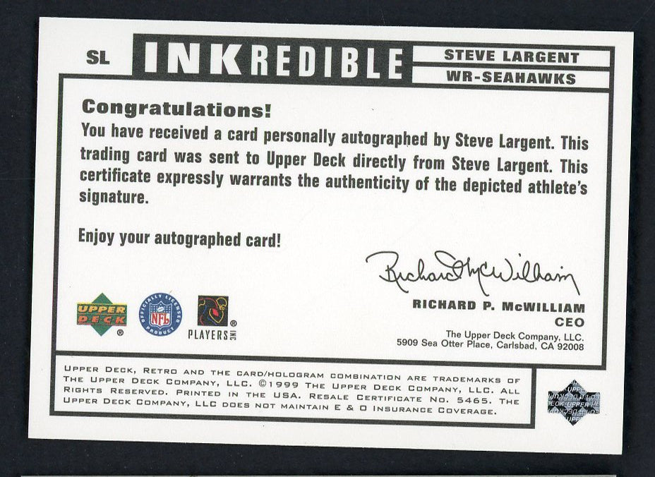 1999 UD Inkredible #SL Steve Largent Seahawks Autograph 559373