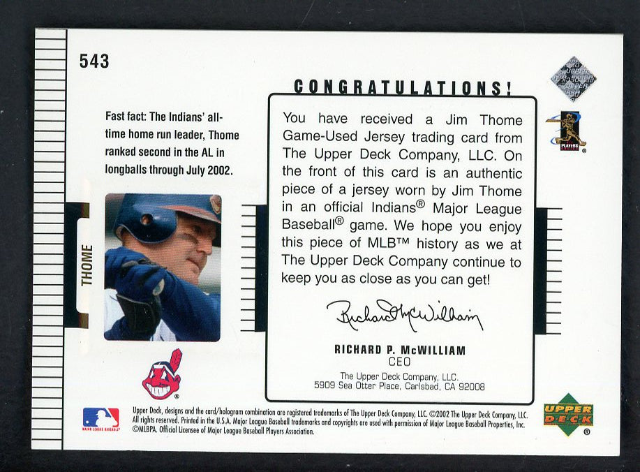 2002 UD Diamond Collection #543 Jim Thome Indians Jersey Relic 559375