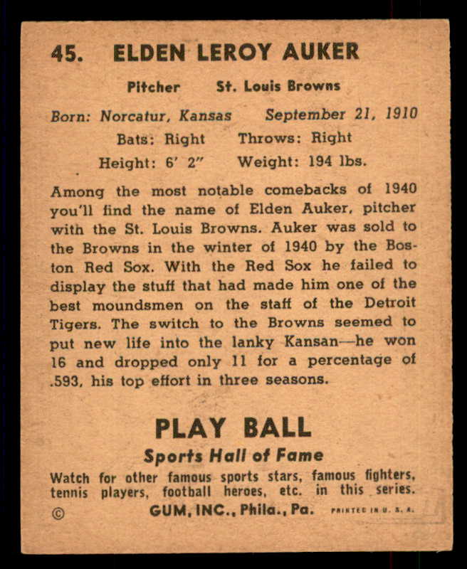 1941 Play Ball #045 Elden Auker Browns Good trimmed 559506