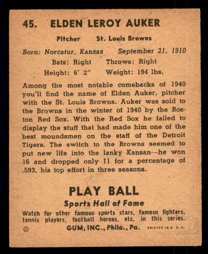 1941 Play Ball #045 Elden Auker Browns Good trimmed 559506