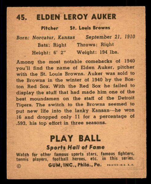 1941 Play Ball #045 Elden Auker Browns Good trimmed 559506