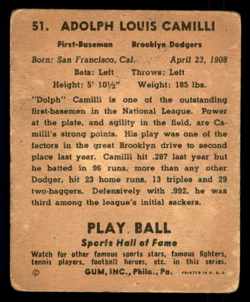 1941 Play Ball #051 Dolph Camilli Dodgers Good pin hole 559513