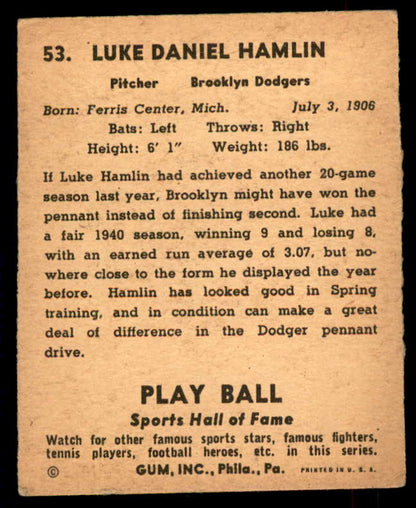 1941 Play Ball #053 Luke Hamlin Dodgers Good trimmed 559514