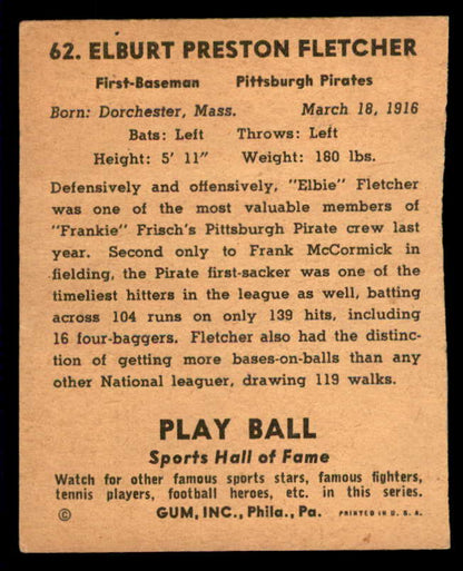 1941 Play Ball #062 Elbie Fletcher Pirates Good trimmed 559521