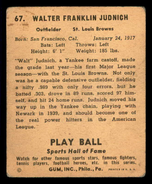 1941 Play Ball #067 Walt Judnich Browns VG/VG-EX 559524