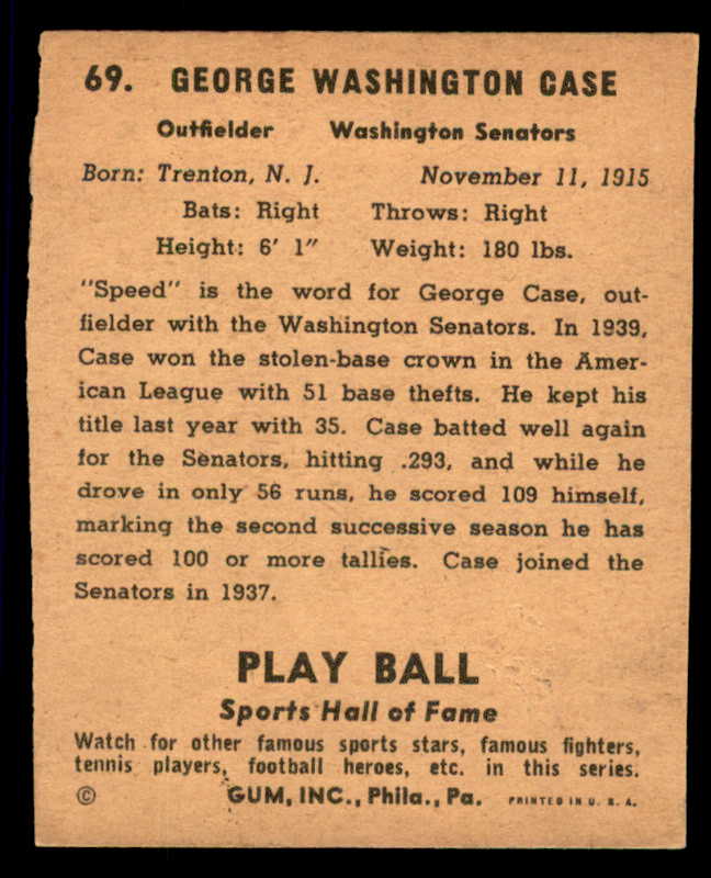 1941 Play Ball #069 George Case Senators Good trimmed 559526