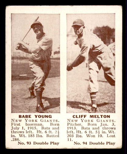 1941 Double Play #093/94 Babe Young Cliff Melton VG residue back 559528