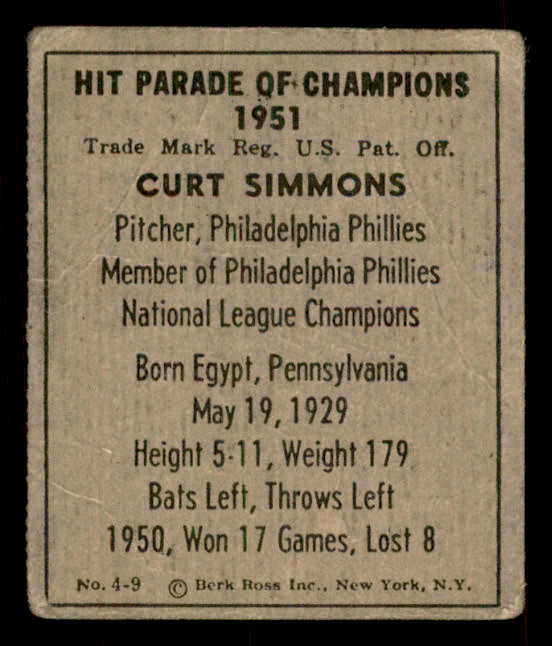 1951 Berk Ross #004-9 Curt Simmons Phillies GD-VG 559636