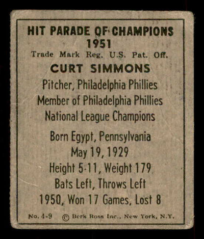 1951 Berk Ross #004-9 Curt Simmons Phillies GD-VG 559636