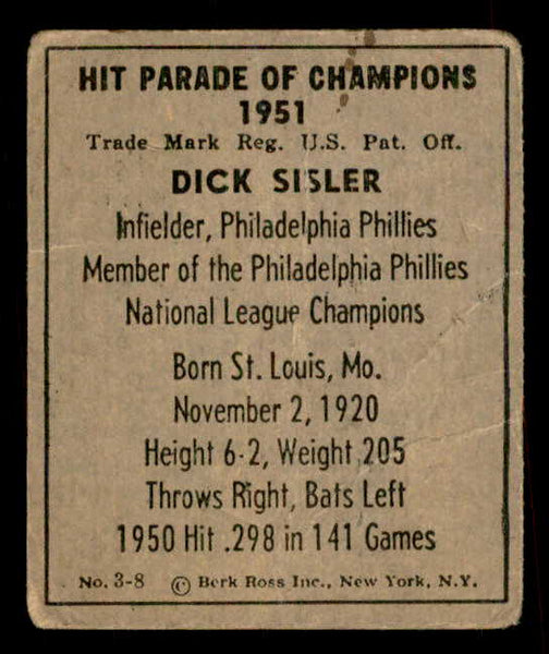 1951 Berk Ross #003-8 Dick Sisler Phillies Good 559639