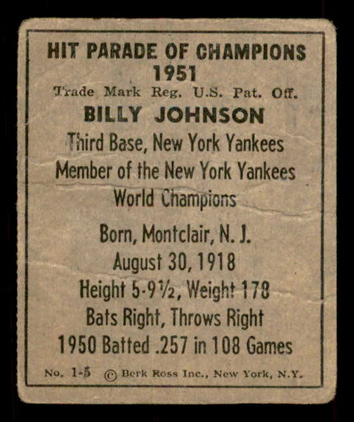 1951 Berk Ross #001-5 Billy Johnson Yankees FR-GD 559640