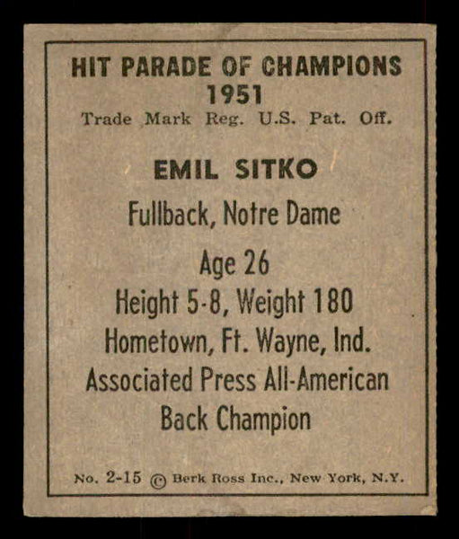 1951 Berk Ross #002-15 Emil Sitko Notre Dame EX 559647