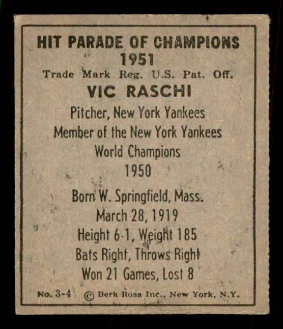 1951 Berk Ross #003-4 Vic Raschi Yankees EX 559649